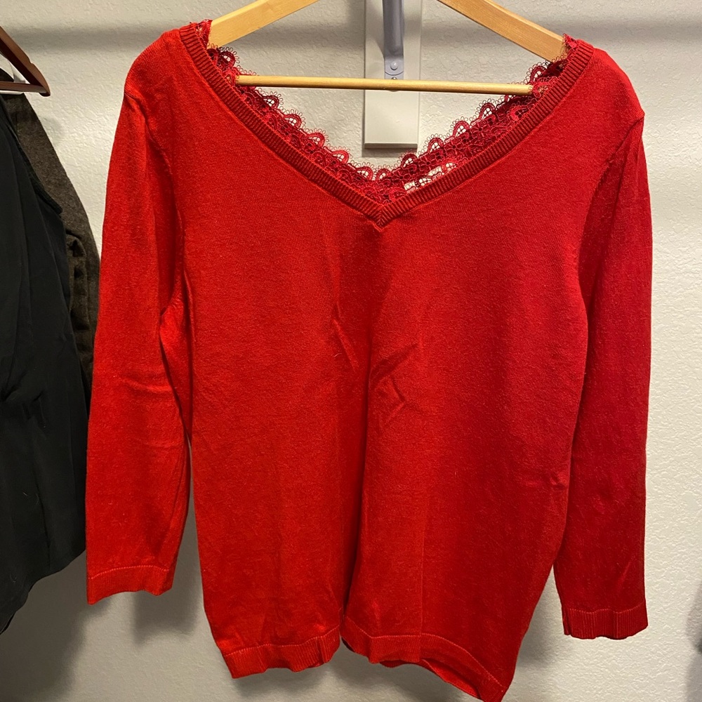 Classic V-Neck Lace Trim Sweater - Red